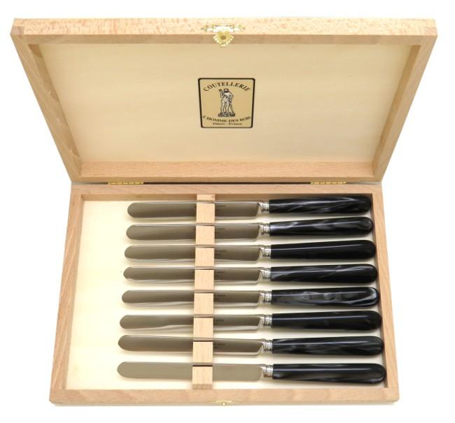 8  COUTEAUX DESSERT  EN COFFRET BOIS MANCHE ANGLAIS NACRE GRIS - VIROLE FILET CHROMEE